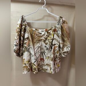 ⚫️ H&M Linen Blend Botanical Puff Sleeve Top – Size L